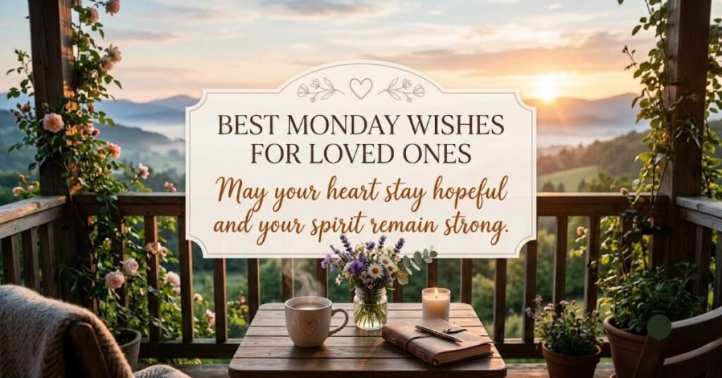 Best Monday Wishes for Loved Ones with a scenic sunrise porch and an inspiring message of hope and strength.