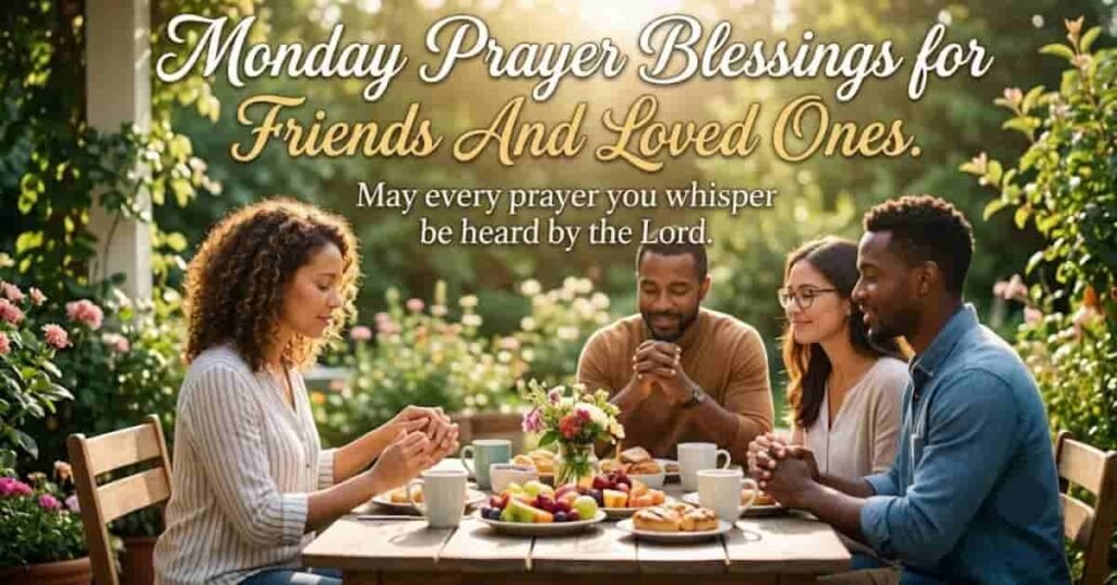 Monday Prayer Blessings for Friends and Loved Ones image showing friends gathered around an outdoor breakfast table in prayer with the uplifting message, "May every prayer you whisper be heard by the Lord," symbolizing faith, gratitude, friendship, and God's blessings for a positive Monday.