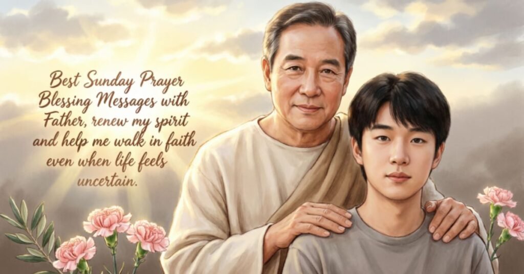 Best Sunday Prayer Blessing messages with a parent and child under heavenly light, inspiring faith, hope, and God's guidance