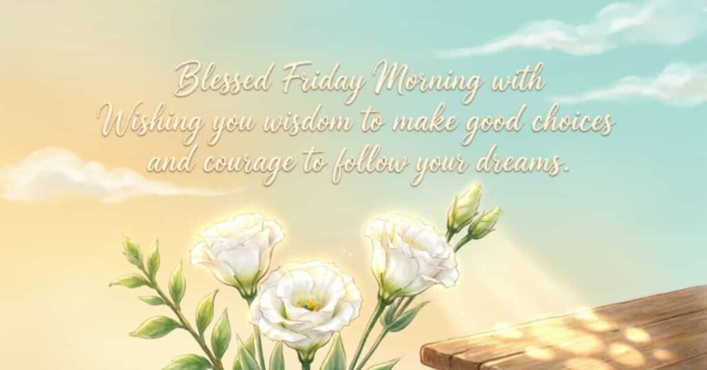 Blessed Friday morning image with white flowers and a peaceful sunrise, featuring an inspirational message encouraging good choices and following your dreams.