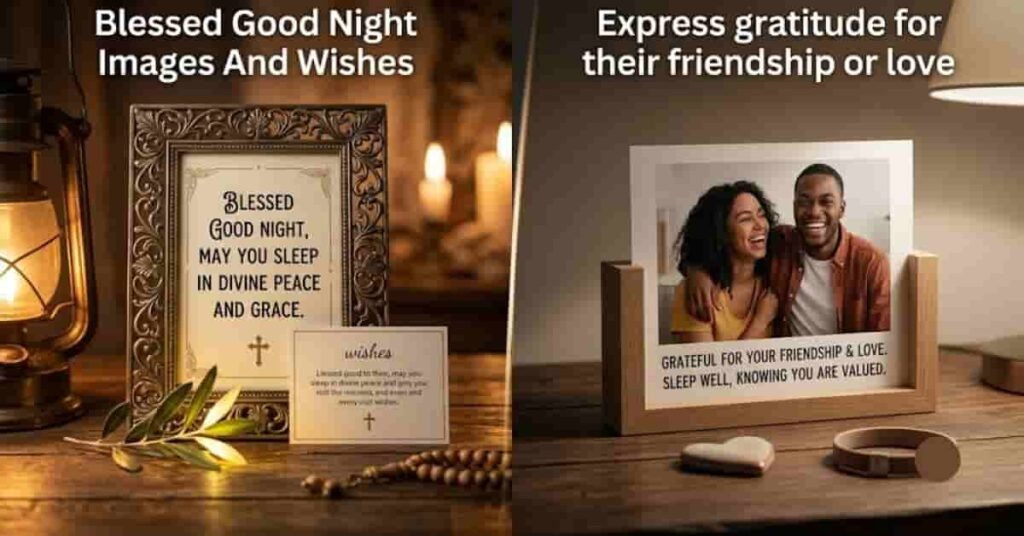Blessed Good Night Images and Wishes collage featuring a Christian good night blessing card with a prayer for peaceful sleep and a friendship-themed photo frame expressing gratitude, love, and heartfelt good night wishes.