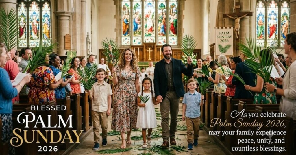 Blessed Palm Sunday 2026 with a family, church congregation, palm branches, and a joyful Holy Week celebration.