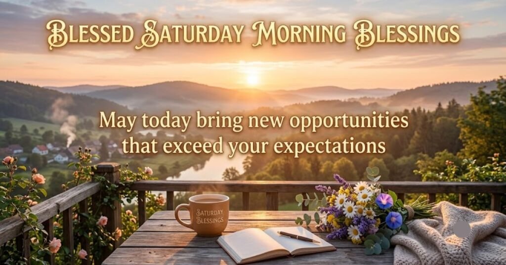 Blessed Saturday Morning Blessings with a beautiful sunrise landscape, coffee cup, notebook, flowers, and an inspiring quote about new opportunities and hope for the day.