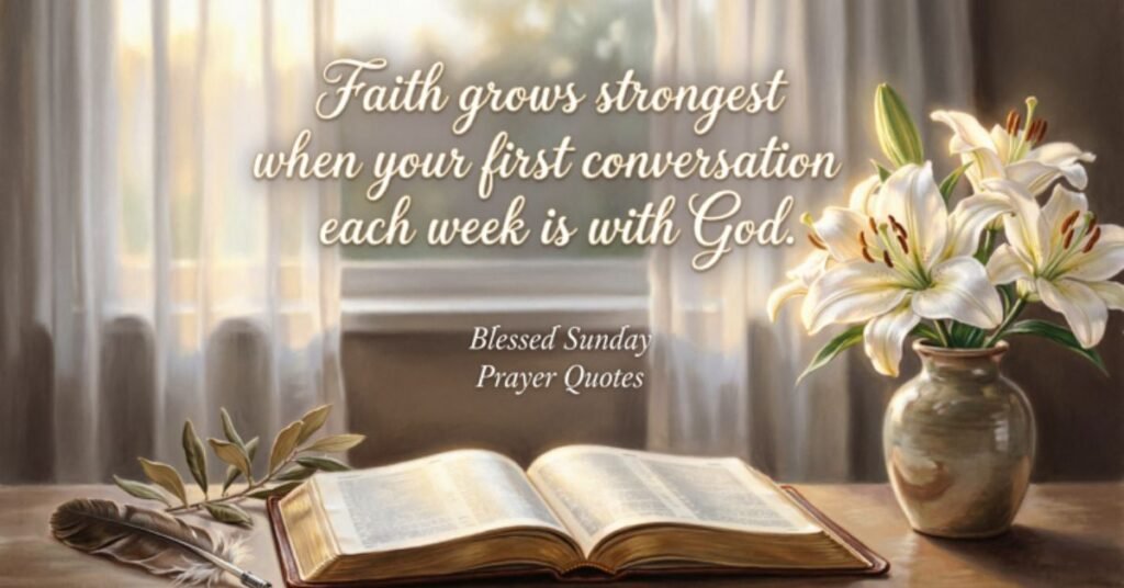Blessed Sunday Prayer Quotes with an open Bible, white lilies, and an inspirational message about faith and God