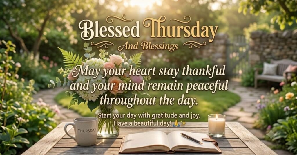 Blessed Thursday Images and Blessings featuring a peaceful garden, fresh flower bouquet, coffee mug, open journal, candle, and an inspirational Thursday blessing about gratitude, peace, and joy.