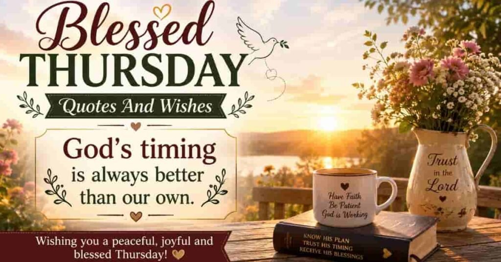 Blessed Thursday Quotes and Wishes image featuring a sunrise, Bible, coffee mug, flowers, and an inspirational Christian quote about trusting God's perfect timing and enjoying a peaceful, blessed Thursday.
