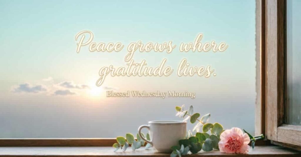 **Alt Text (SEO Optimized):**
**Blessed Wednesday Morning Quotes image with a peaceful sunrise, coffee cup by the window, flowers, and an inspiring gratitude quote promoting peace, hope, and a thankful heart.**