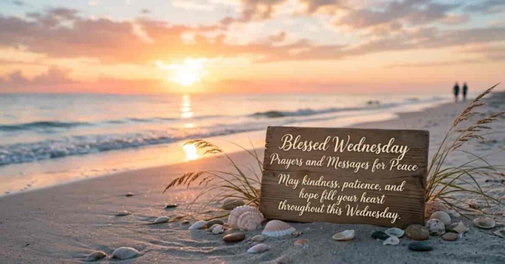 Blessed Wednesday Prayers and Messages for Peace featuring a tranquil beach sunrise with seashells, ocean waves, and a wooden sign displaying an inspirational prayer for kindness, patience, hope, and peace throughout the day.