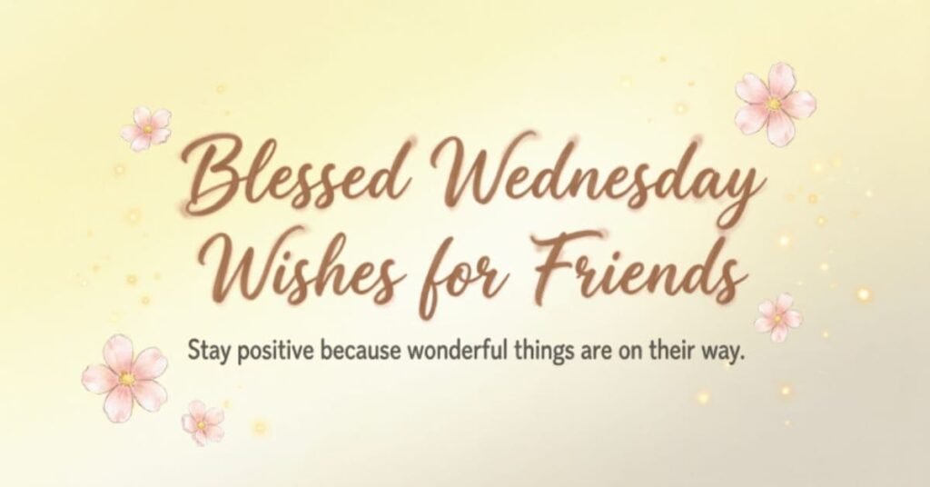 Blessed Wednesday Wishes for Friends text card with pink cherry blossoms and glowing yellow background