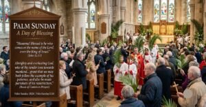 Palm Sunday 2026 blessings image featuring a church congregation holding palm branches during a Palm Sunday procession, with Bible verses, prayers, and inspirational blessings celebrating the triumphal entry of Jesus.