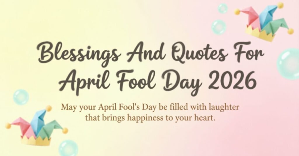 April Fool Day 2026 blessings and quotes greeting card with colorful jester hats and a joyful message.