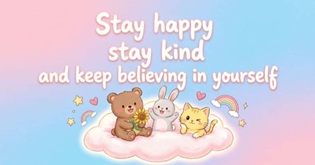Cute motivational quote image with bear, bunny, and cat on a cloud saying 'Stay happy, stay kind and keep believing in yourself' on a pastel background.