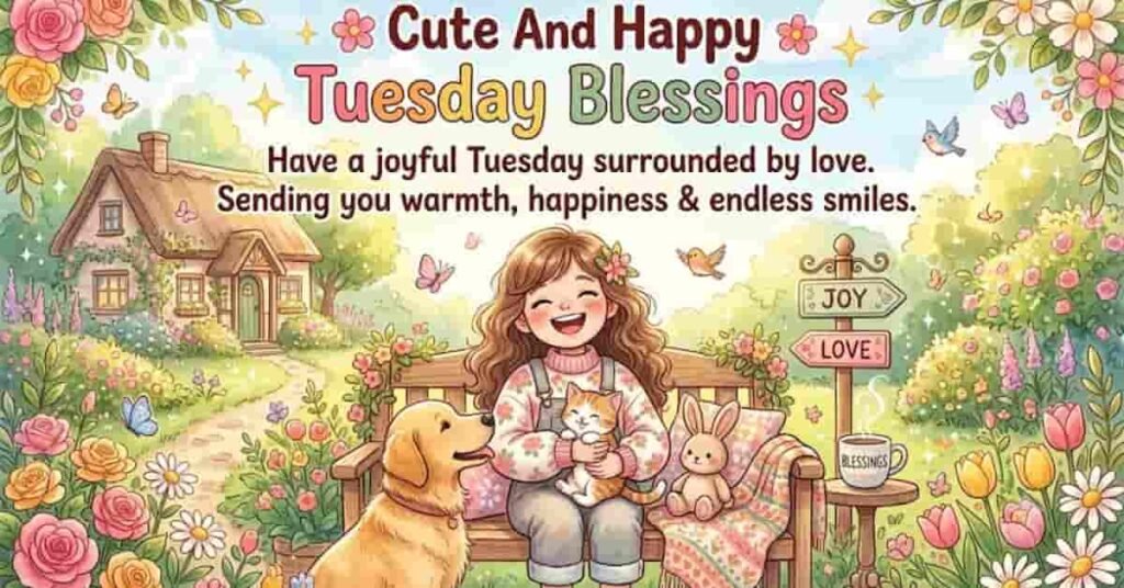 Cute and Happy Tuesday Blessings illustration featuring a smiling girl holding a kitten on a garden bench with a friendly dog, bunny, colorful flowers, birds, and a cozy cottage, sharing joyful Tuesday blessings filled with love, warmth, happiness, and endless smiles