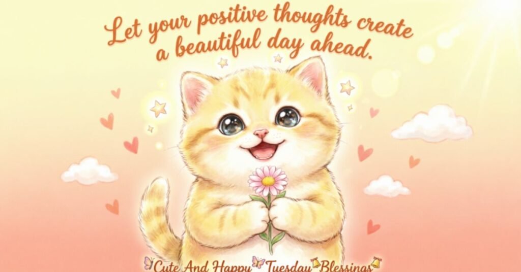 Cute and Happy Tuesday Blessings featuring an adorable cartoon kitten holding a pink flower, surrounded by hearts and soft clouds, with an inspirational quote about creating a beautiful day through positive thoughts.