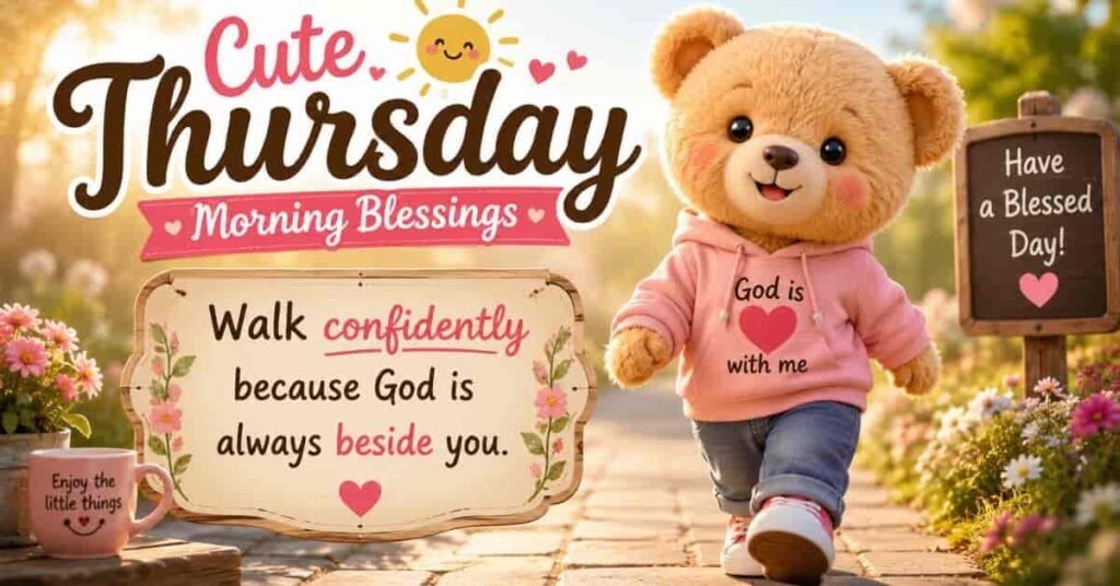 Cute Thursday Morning Blessings image featuring an adorable teddy bear in a pink hoodie walking through a sunny garden with an inspirational Christian quote about God's guidance and encouragement.