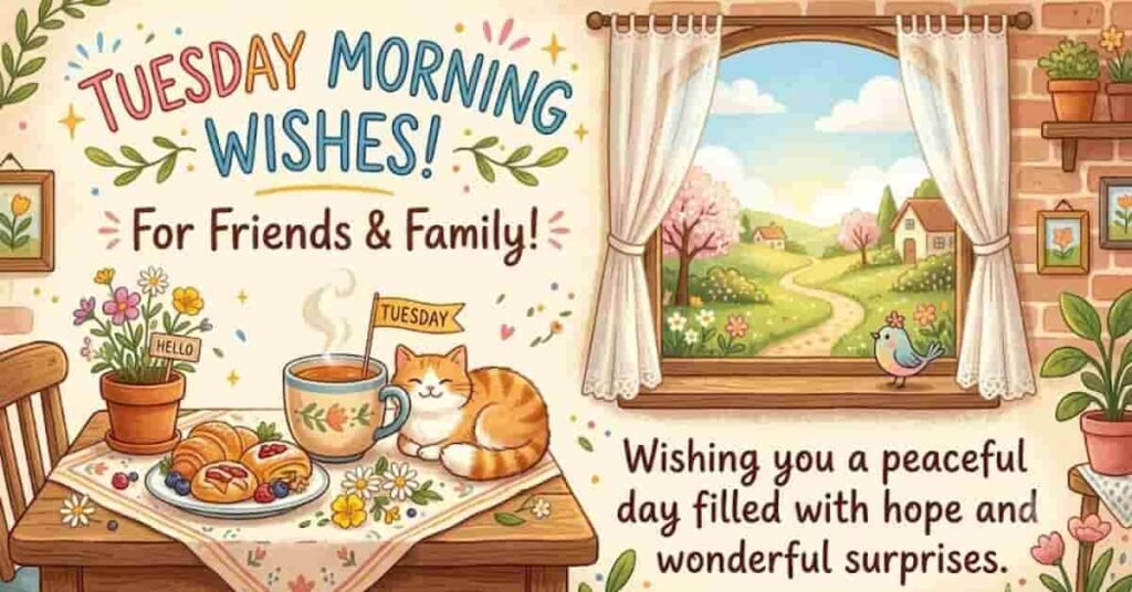 Cute Tuesday Morning Wishes for Friends and Family illustration featuring a cozy breakfast table with coffee, croissant, flowers, a sleeping cat by the window, and a peaceful spring countryside view with a heartfelt Tuesday blessing message.