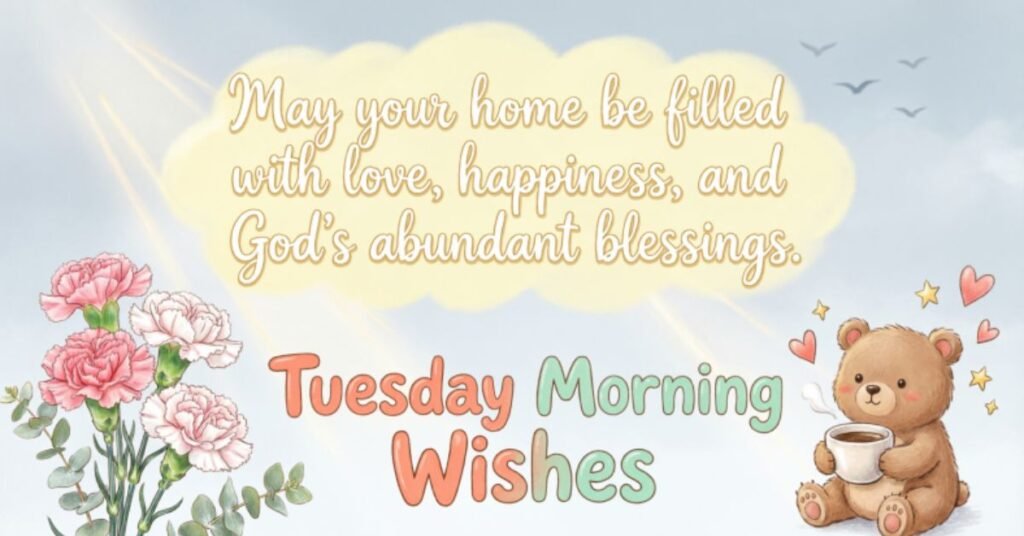 Cute Tuesday Morning Wishes with a teddy bear, coffee cup, pink flowers, and a heartwarming blessing for love, happiness, and God's abundant blessings.