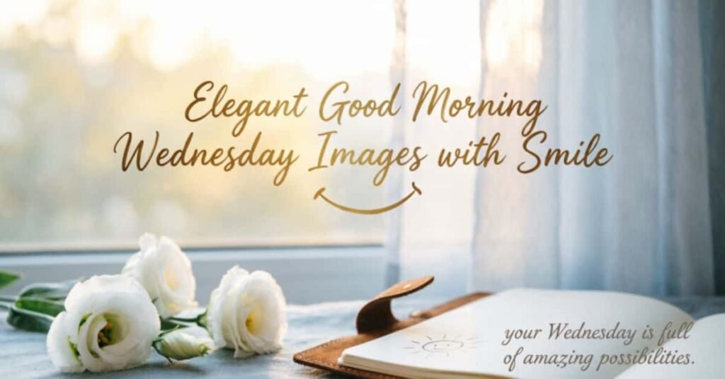 **Alt Text (SEO Optimized):**
**Elegant Good Morning Wednesday image with white flowers, notebook, soft morning sunlight, and an inspiring Wednesday message encouraging smiles, positivity, and new possibilities.**