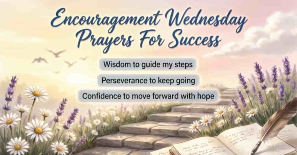 Encouragement Wednesday Prayers for Success image featuring a peaceful garden with blooming daisies, lavender flowers, stone steps, birds in the sky, and an inspirational prayer for wisdom, perseverance, and confidence.