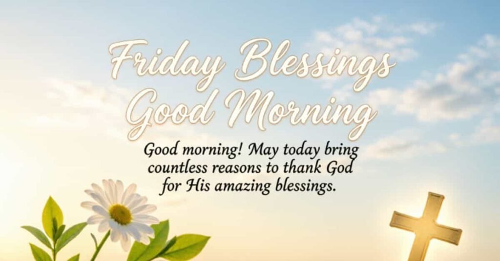 Friday blessings good morning image with a white daisy, green leaves, and a glowing cross, featuring a thankful message for God’s amazing blessings.