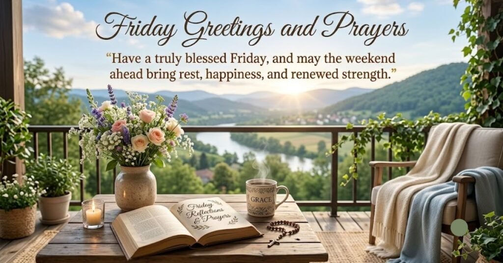 Friday Greetings and Prayers image featuring a peaceful balcony overlooking mountains and a river, with flowers, an open Bible, a coffee mug, and the blessing: 'Have a truly blessed Friday, and may the weekend ahead bring rest, happiness, and renewed strength.