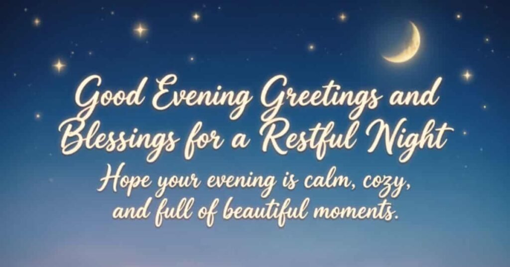 Good Evening Greetings and Blessings for a Restful Night image with a crescent moon and starry sky, featuring an inspiring message wishing a calm, cozy evening filled with beautiful moments and peaceful rest.