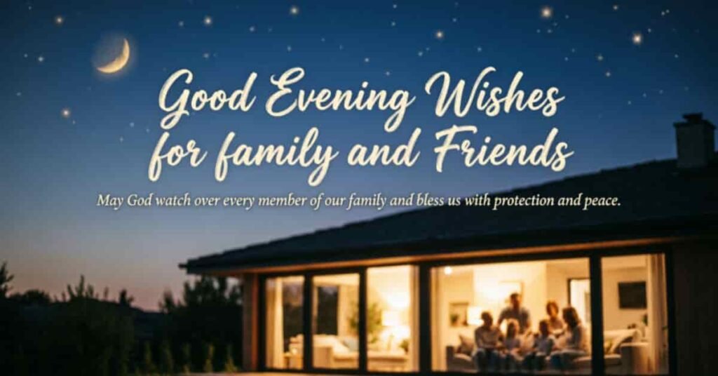 Good Evening Wishes for Family and Friends featuring a peaceful starry night with a crescent moon and a warmly lit home, accompanied by a heartfelt prayer asking God to bless every family member with protection, peace, and love.