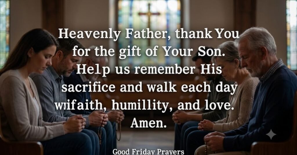 Good Friday prayers image showing a family praying in church with a Christian prayer for faith and gratitude