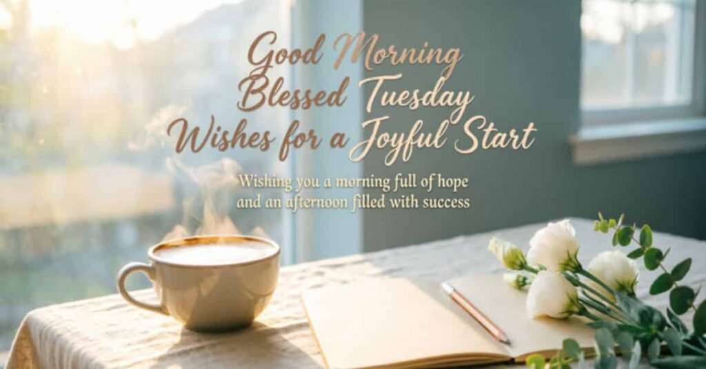 Good Morning Blessed Tuesday wishes image featuring a steaming coffee cup, white flowers, and a peaceful sunrise with an inspirational message of hope, joy, success, and positive Tuesday blessings.