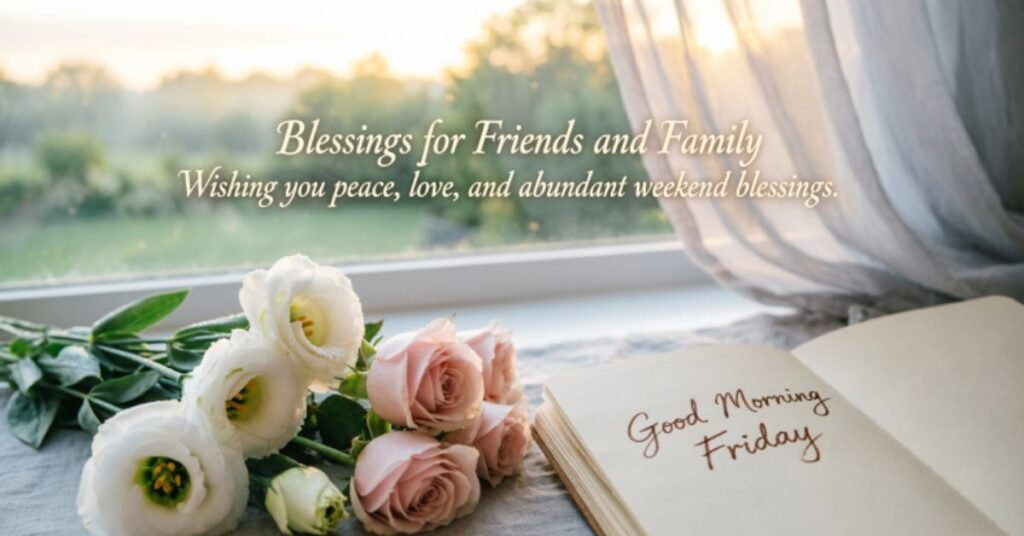 Good Morning Friday Blessings for Friends and Family featuring beautiful white and pink roses, an open notebook, a peaceful window view, and an inspirational message wishing peace, love, and abundant weekend blessings.
