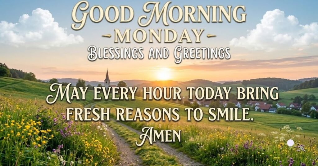Good Morning Monday Blessings and Greetings image featuring a beautiful sunrise over a peaceful countryside with wildflowers, a winding path, and an uplifting blessing wishing every hour brings fresh reasons to smile, hope, joy, and God's grace.