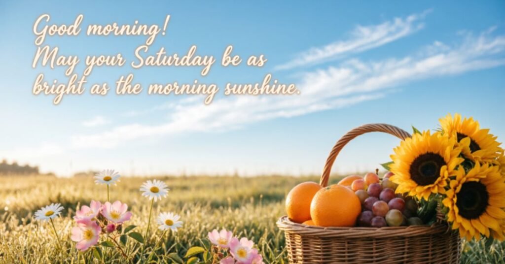 Good Morning Saturday Images and Blessings featuring a beautiful countryside, sunflowers, fresh fruit basket, blue sky, and an inspirational quote wishing a bright, joyful, and blessed Saturday morning.