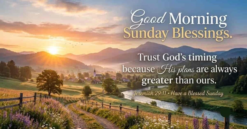 Scenic sunrise over a peaceful countryside with mountains, a winding river, wildflowers, and a country path, featuring a Good Morning Sunday Blessings message about trusting God's timing inspired by Jeremiah 29:11.