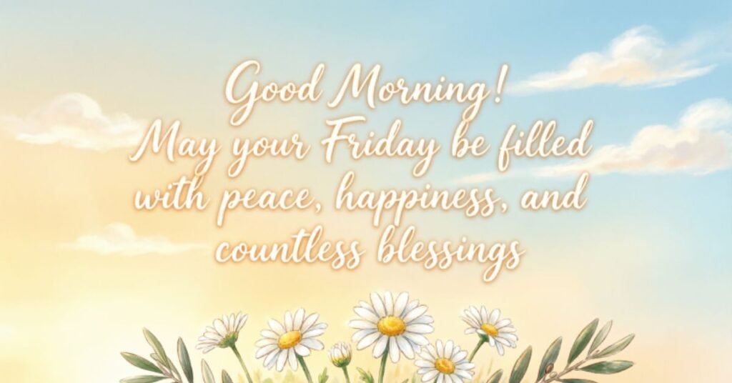 Good Morning Friday blessings image with a sunrise sky, white daisies, and the inspirational message: 'May your Friday be filled with peace, happiness, and countless blessings.