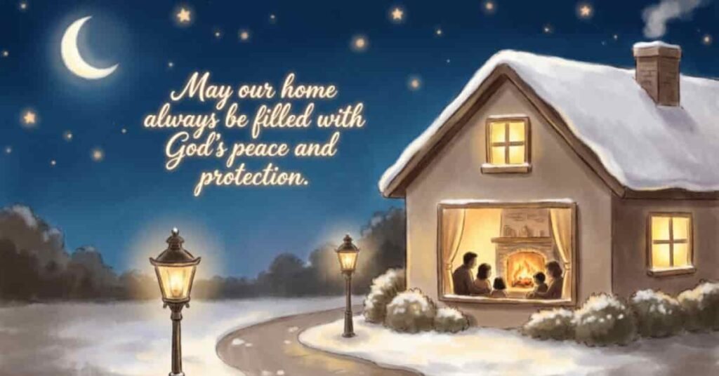 Good Night Blessings for Family and Friends image showing a cozy snow-covered home under a crescent moon and starry sky, with a family gathered by the fireplace and an inspiring prayer for God's peace, protection, and blessings over every home.