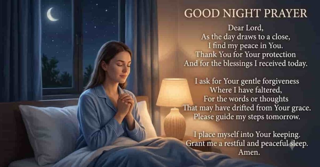 Good Night Prayer image showing a woman praying beside her bed at night with a glowing bedside lamp, crescent moon outside the window, and an inspiring bedtime prayer for peaceful sleep and God's protection.
