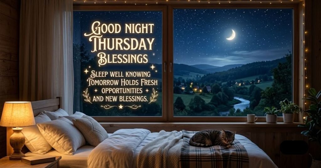 Good Night Thursday Blessings image featuring a cozy bedroom, sleeping cat, warm bedside lamp, crescent moon, starry night sky, and an inspirational blessing about restful sleep and tomorrow's new opportunities.