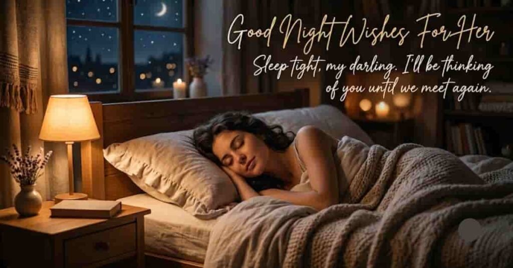 Good Night Wishes for Her image featuring a woman peacefully sleeping in a cozy bedroom with warm lamp light, moonlit window, and romantic good night message.