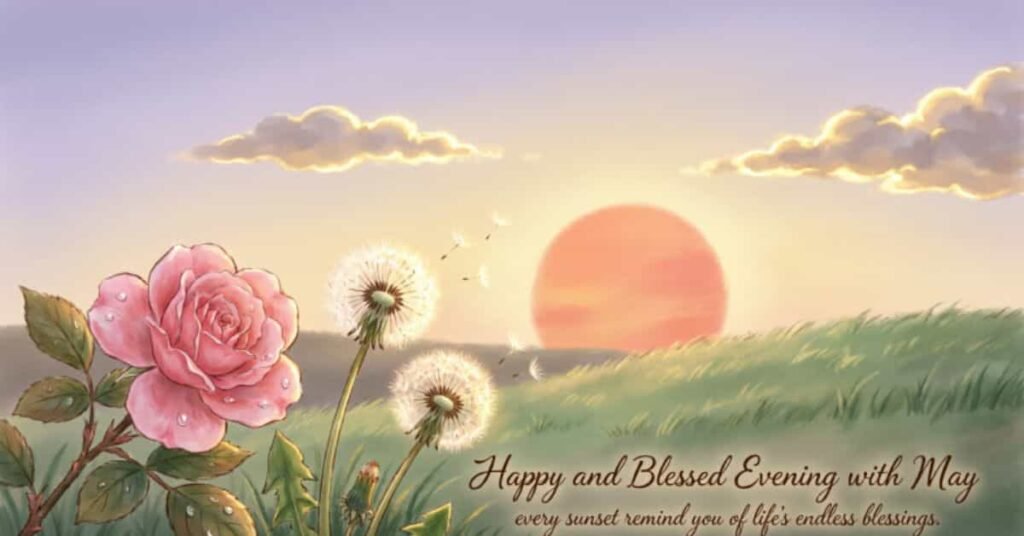 Happy and Blessed Evening image featuring a peaceful sunset over a grassy field with a blooming pink rose and dandelions, accompanied by an inspirational message reminding you that every sunset reflects life's endless blessings.