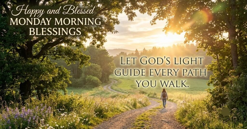 Happy and Blessed Monday Morning Blessings with a sunrise nature path and an inspirational faith-filled message.
