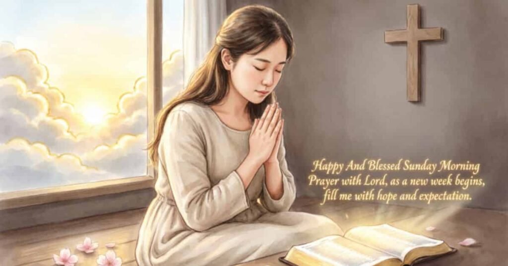 Happy and blessed Sunday morning prayer image featuring a young woman praying beside an open Bible with a wooden cross on the wall and a glowing sunrise, expressing faith, hope, and God's blessings for the new week.