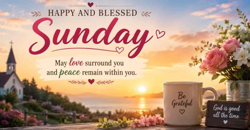 Beautiful Happy and Blessed Sunday image featuring a sunrise by the lake, a church, pink flowers, and a coffee mug with an inspirational message: 'May love surround you and peace remain within you.