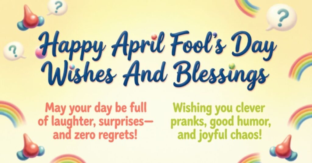 Happy April Fool's Day Wishes and Blessings image with colorful rainbows, playful party hats, and cheerful messages wishing laughter, surprises, clever pranks, good humor, and joyful chaos.