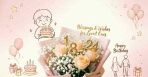 Happy Birthday blessings and wishes for loved ones image featuring a beautiful bouquet of peach roses, golden ‘18 24’ numbers, birthday cakes, balloons, gifts, and celebration illustrations.