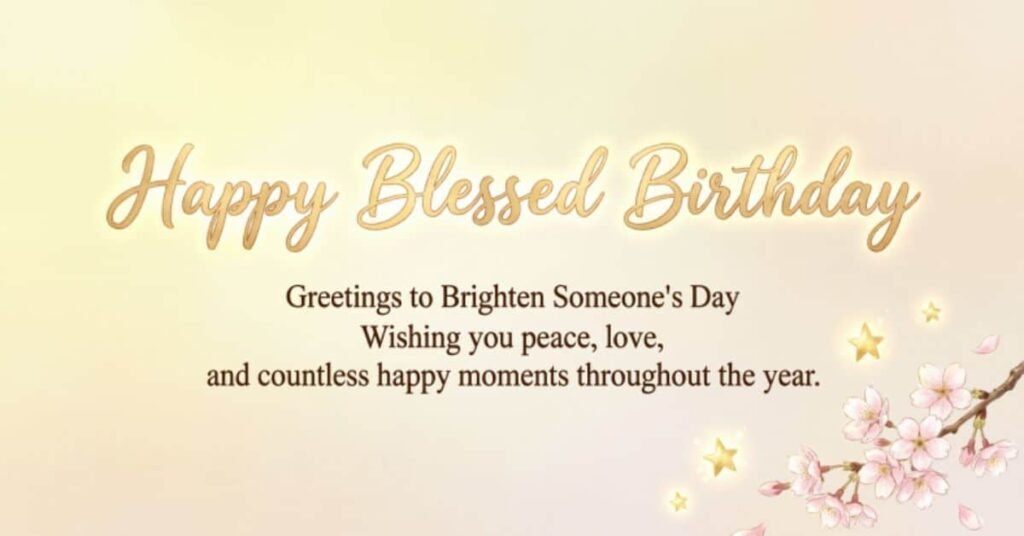 Happy Blessed Birthday greeting with wishes for peace, love, and countless happy moments, decorated with glowing stars and pink cherry blossoms.