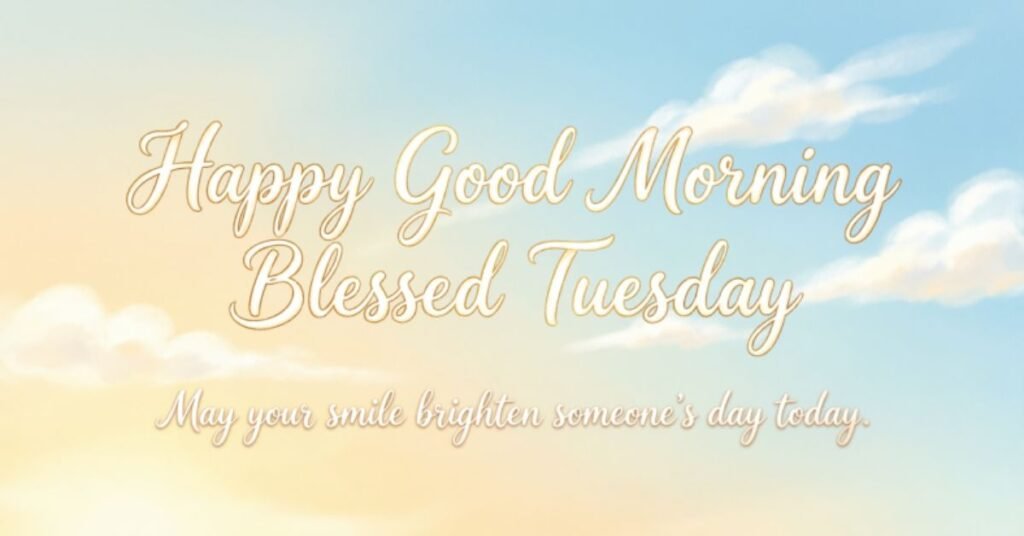 Happy Good Morning Blessed Tuesday featuring a peaceful sky, golden morning sunshine, and an inspiring quote encouraging kindness, positivity, hope, and sharing your smile to brighten someone's day.