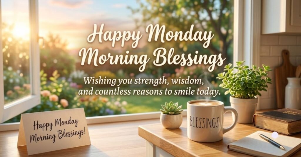 Happy Monday Morning Blessings image featuring a cozy sunrise window view with a coffee mug, Bible, notebook, and plants, sharing an inspiring message of strength, wisdom, joy, gratitude, and positive Monday motivation.