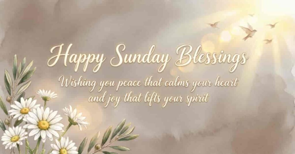Elegant Happy Sunday Blessings image with white daisies, soft golden sunlight, and flying doves, featuring a heartfelt message wishing peace that calms the heart and joy that lifts the spirit.