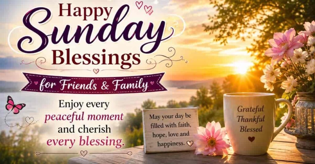 Happy Sunday Blessings for Friends and Family featuring a beautiful sunrise, blooming pink flowers, a grateful coffee mug, and an inspirational message encouraging faith, hope, love, happiness, and cherishing every peaceful moment.
