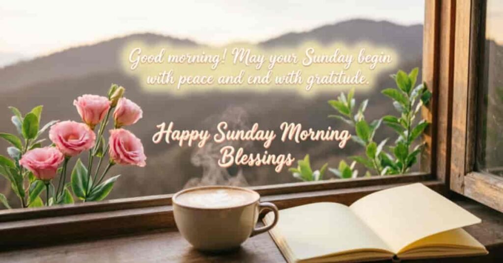 Coffee, open book, mountain view, and Happy Sunday Morning Blessings message with peace and gratitude.